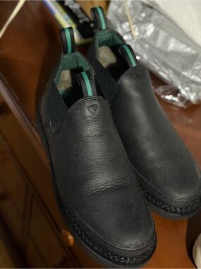 Men's Black Slip-On Leather Loafers with Green Accent Pull Tabs